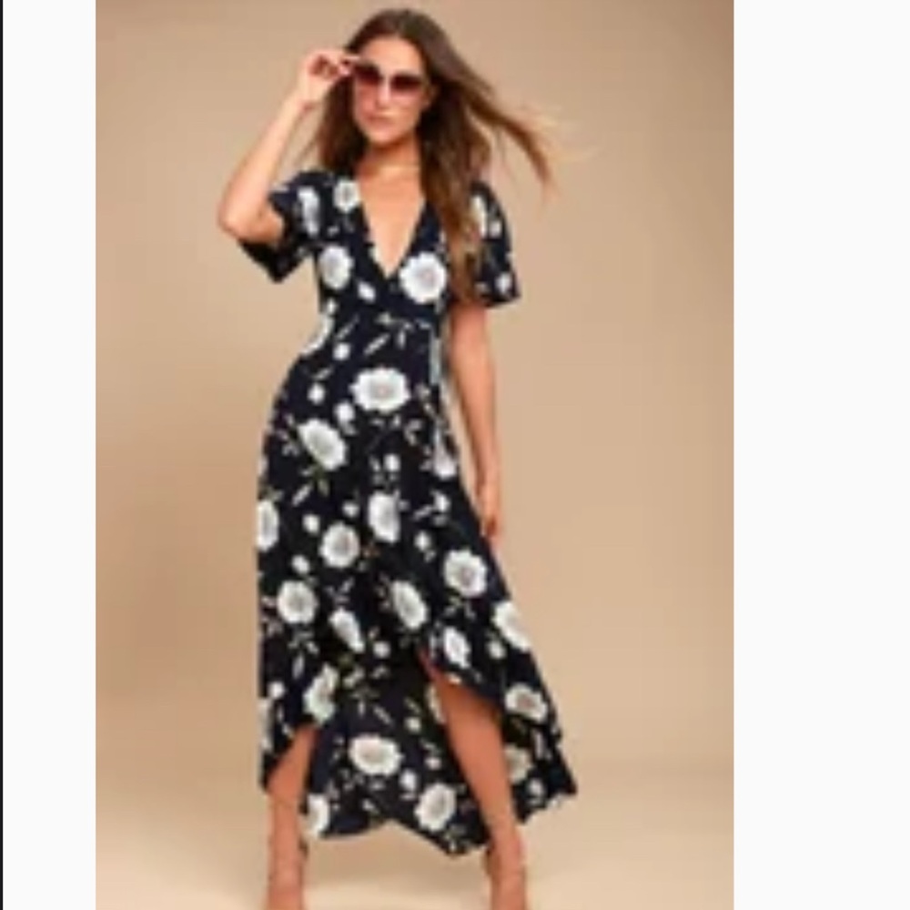Lulus high-low wrap Floral Navy Dress